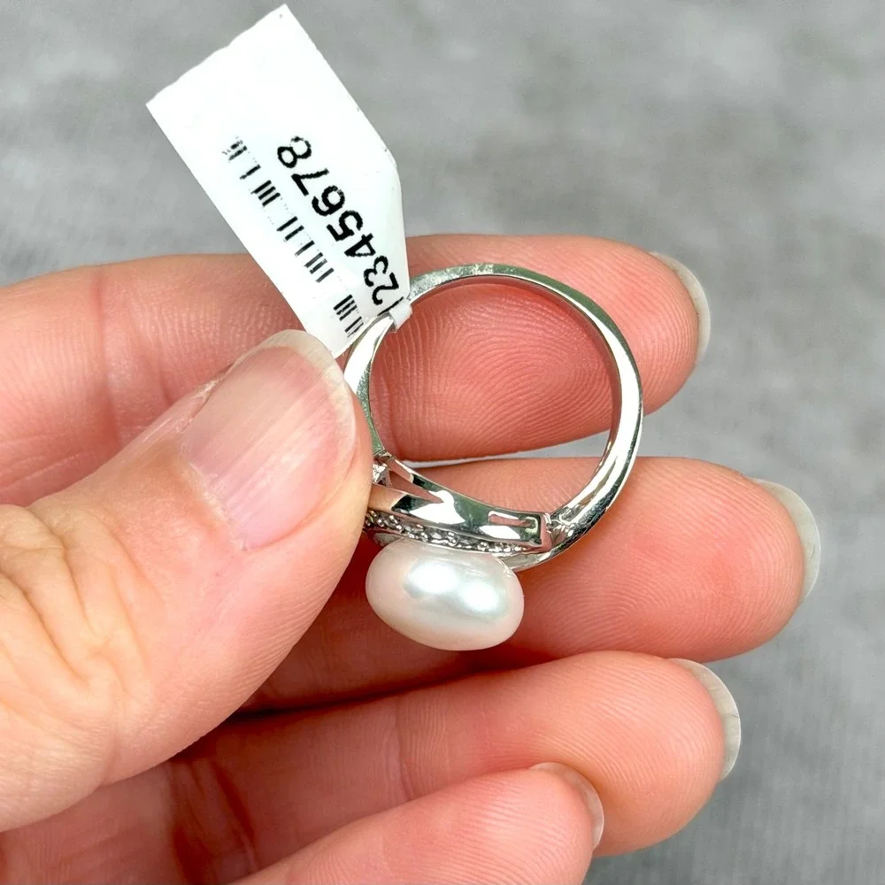 Sterling Silver White Pearl CZ Bypass Halo Cocktail Ring Fairycore Size 6.5